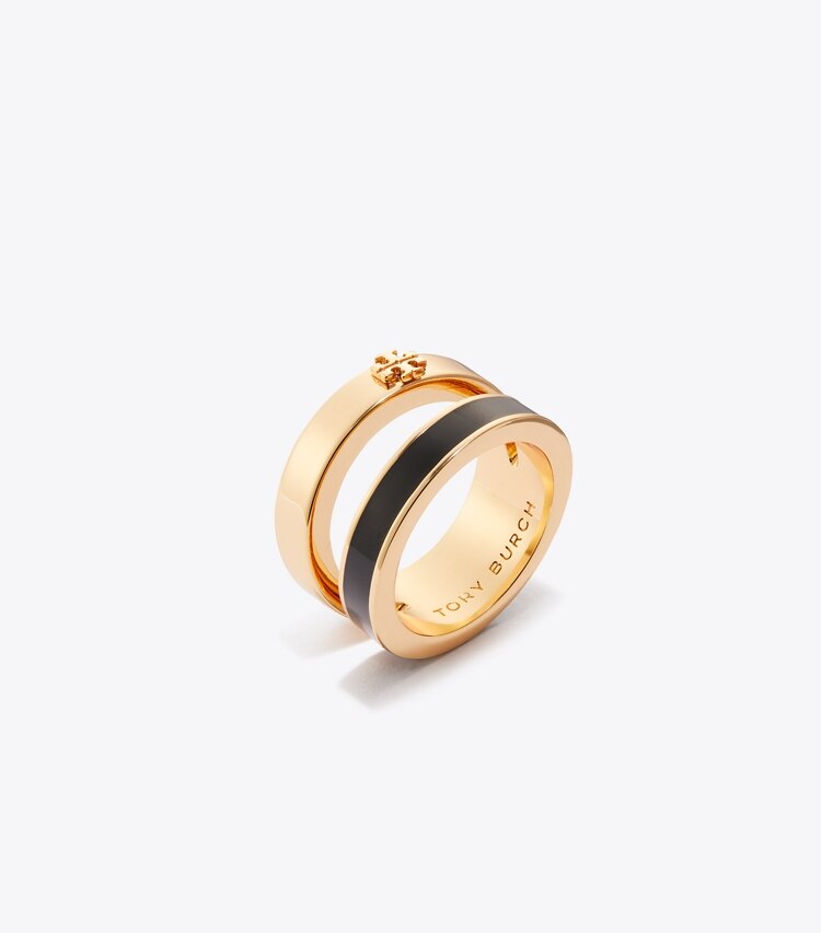 Tory Burch diseñador anillos Anillo doble con esmalte Icon en Tory Gold / Black ángulo