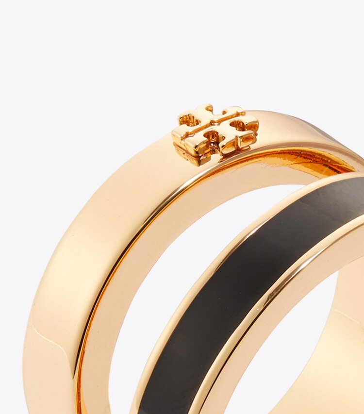 Tory Burch diseñador anillos Anillo doble con esmalte Icon en Tory Gold / Black detalle