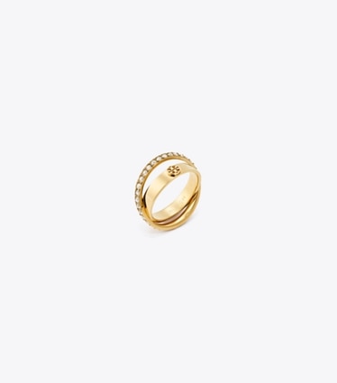 Tory Burch diseñador anillos Anillo doble con pavé Icon en Tory Gold / Crystal ángulo