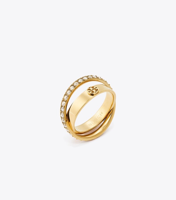 Tory Burch diseñador anillos Anillo doble con pavé Icon en Tory Gold / Crystal ángulo