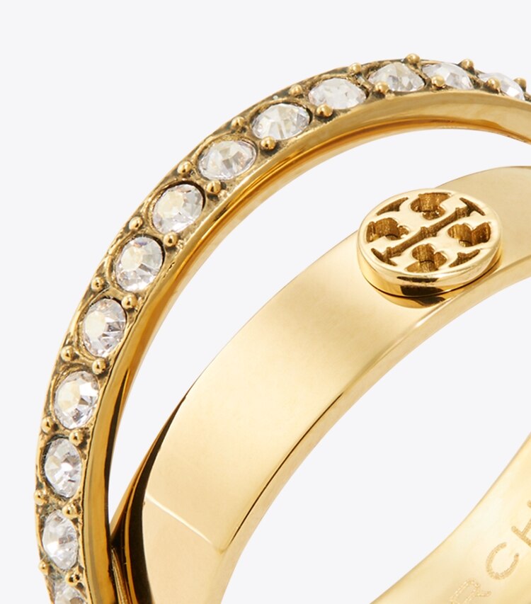 Tory Burch diseñador anillos Anillo doble con pavé Icon en Tory Gold / Crystal detalle