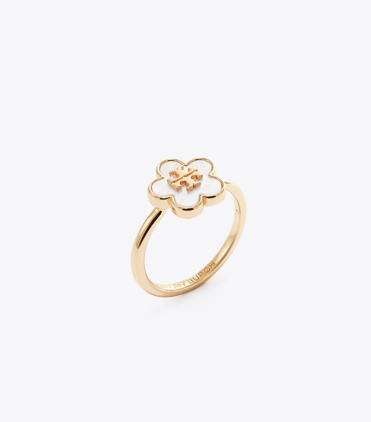 Tory Burch diseñador anillos Anillo Forget Me Not en Tory Gold / Mother of Pearl ángulo