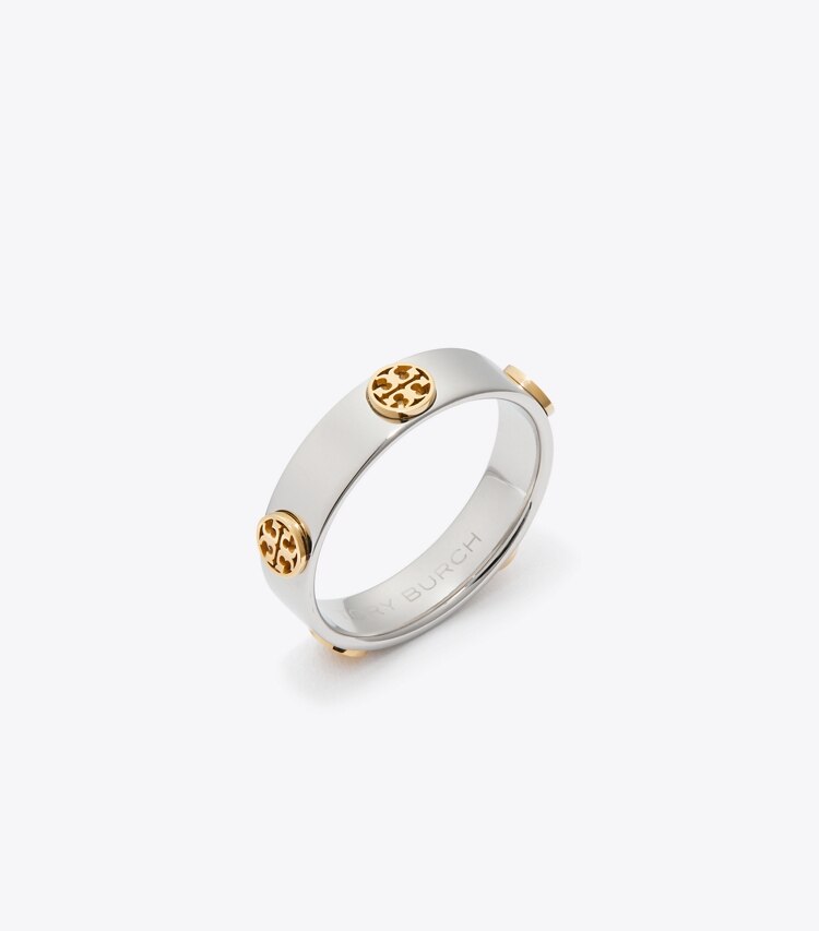 Tory Burch diseñador anillos Anillo Icon en Tory Silver / Tory Gold ángulo