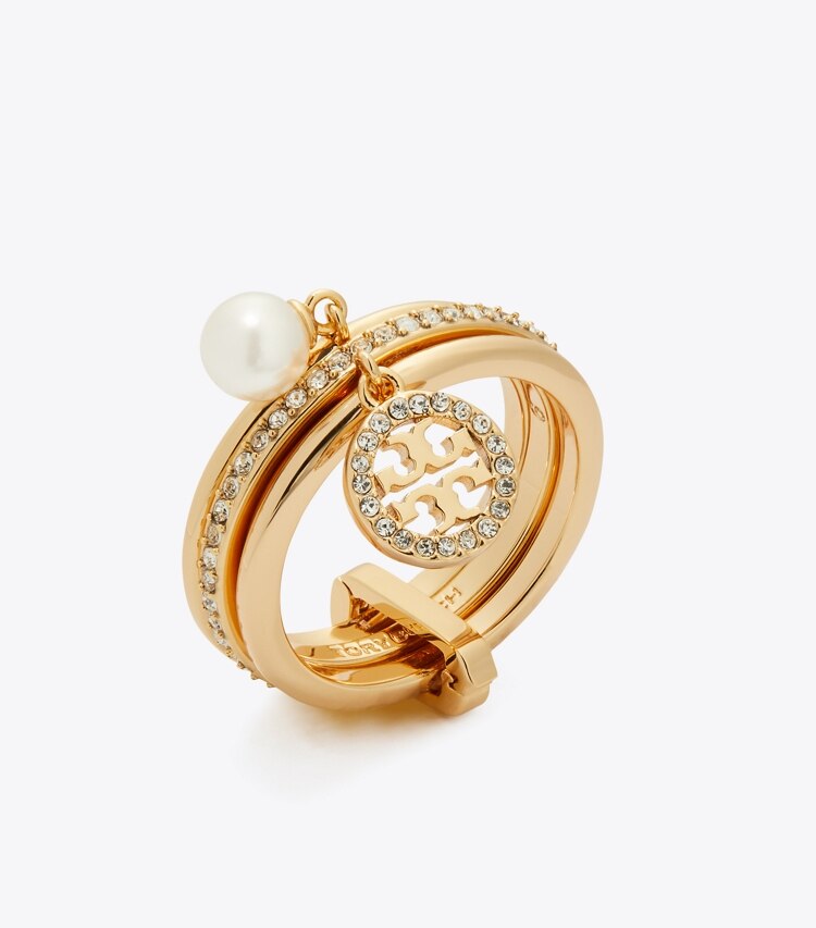Tory Burch diseñador anillos Anillo Icon con dije y pavé en Tory Gold / Crystal / Pearl ángulo