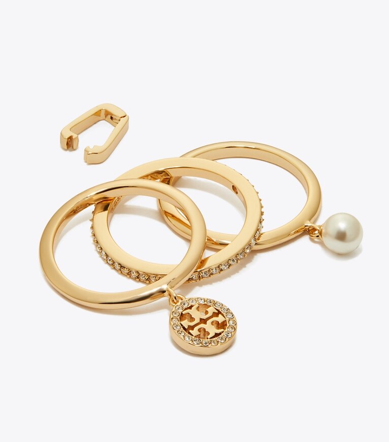 Tory Burch diseñador anillos Anillo Icon con dije y pavé en Tory Gold / Crystal / Pearl detalle