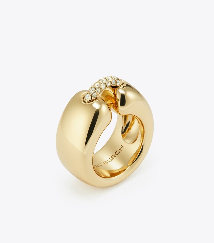 Tory Burch diseñador anillos Anillo Pierced en Light Brass / Crystal ángulo
