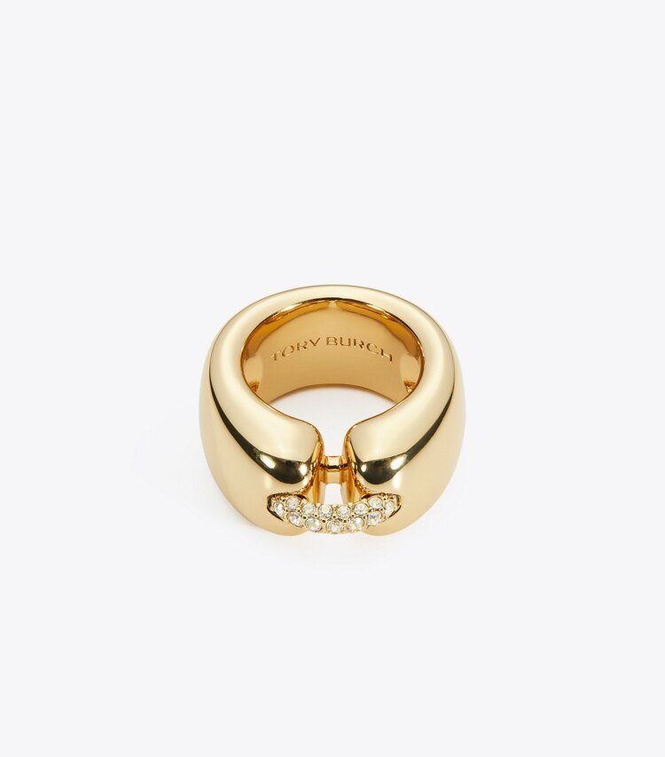Tory Burch diseñador anillos Anillo Pierced en Light Brass / Crystal detalle