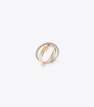 Tory Burch diseñador anillos Anillo triple con pavé Icon en Tory Gold / Tory Silver / Crystal ángulo