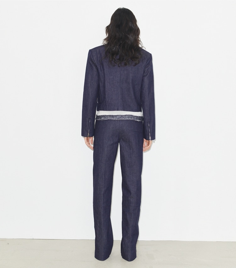 Tory Burch designer bottoms Ankle-Zip Cotton Jean in Raw/Unwashed on model back