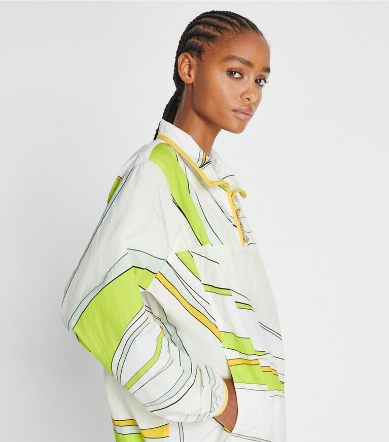 Tory Sport designer vestes Anorak imprimé in Chartreuse Twisty Flower front