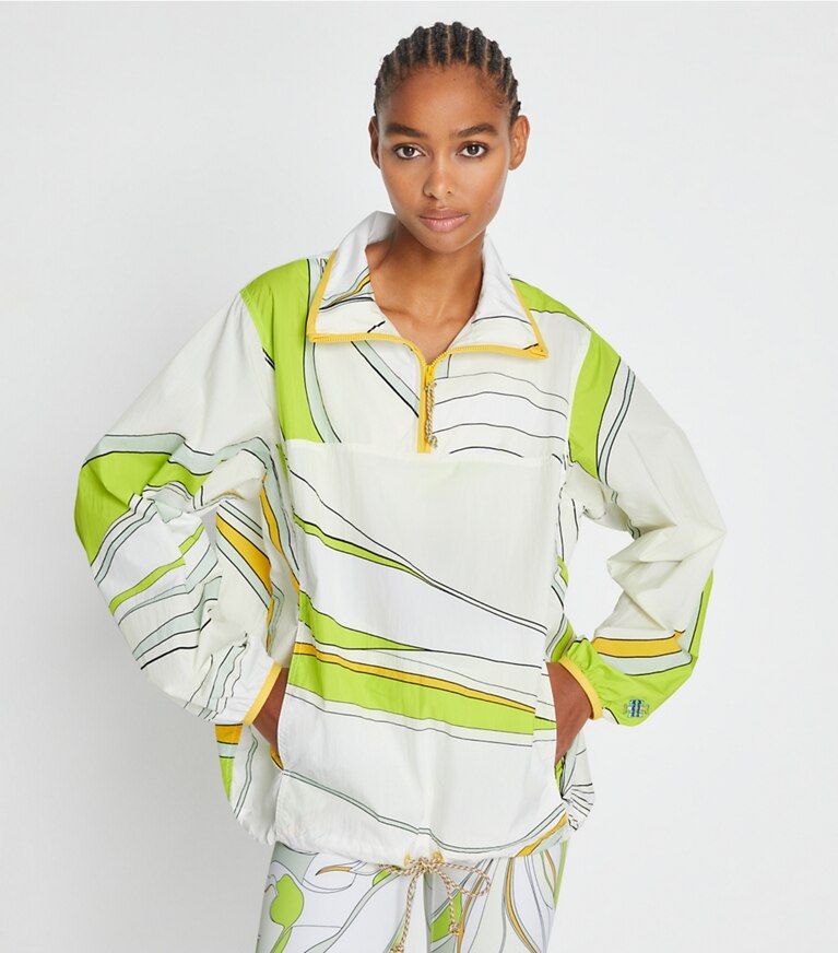 Tory Sport designer vestes Anorak imprimé in Chartreuse Twisty Flower front