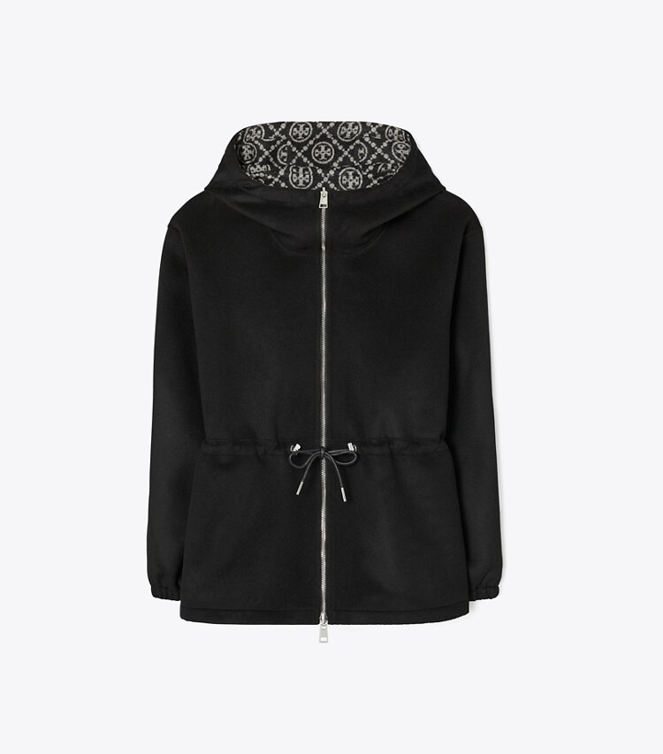 Tory Burch diseñador chaquetas Anorak reversible de jacquard con monograma T en Black/Gray T Monogram frente