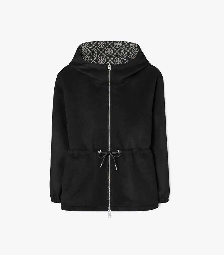 Tory Burch diseñador chaquetas Anorak reversible de jacquard con monograma T en Black/Gray T Monogram frente