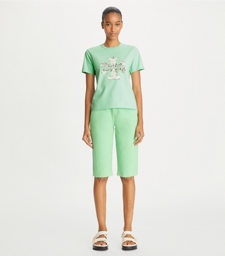 Tory Burch designer tops Apple Core T-Shirt in Aqua on model front