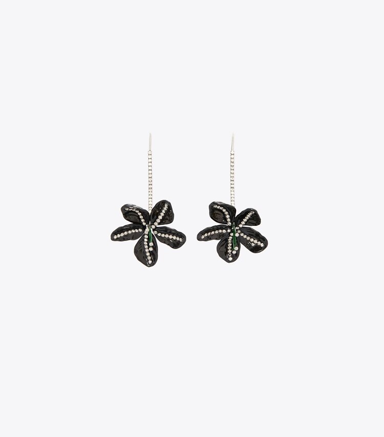 Tory Burch diseñador pendientes Aretes Curiosity Flower en pavé en Antique Tory Silver / Black frente