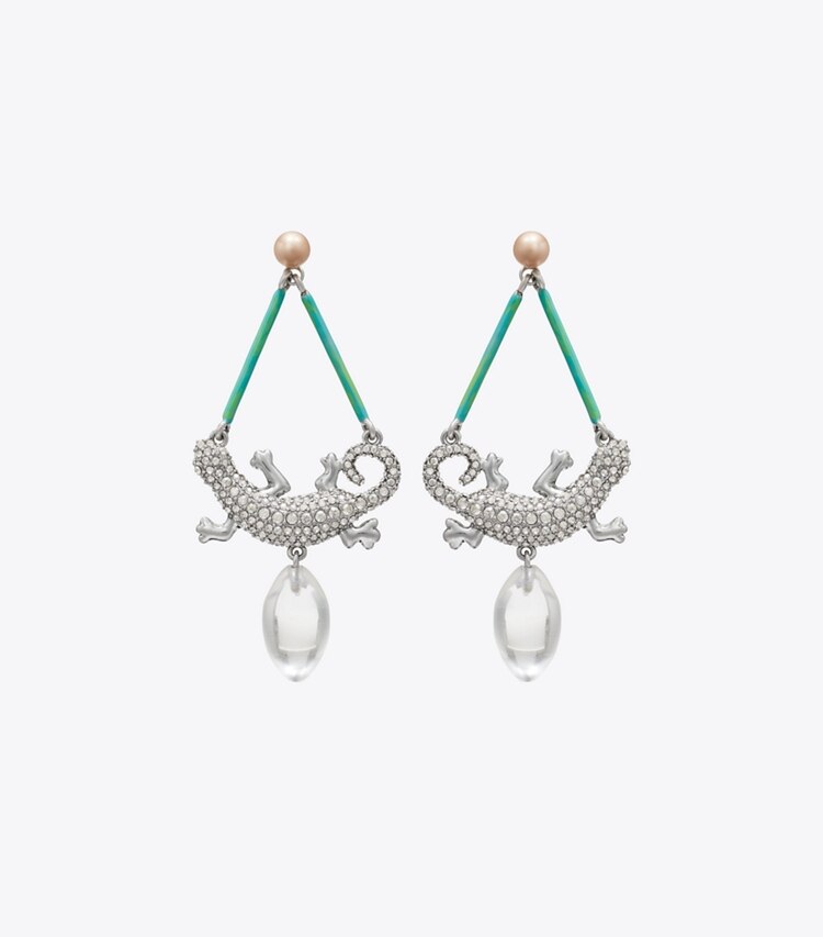 Tory Burch diseñador pendientes Aretes Curiosity Salamander en Antique Silver / Crystal frente