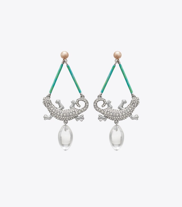 Tory Burch diseñador pendientes Aretes Curiosity Salamander en Antique Silver / Crystal frente