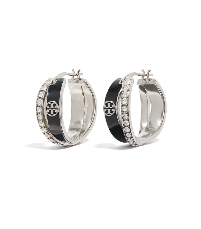 Tory Burch diseñador pendientes Aretes de aro doble Icon con esmalte en Tory Silver / BLACK / Crystal adicional