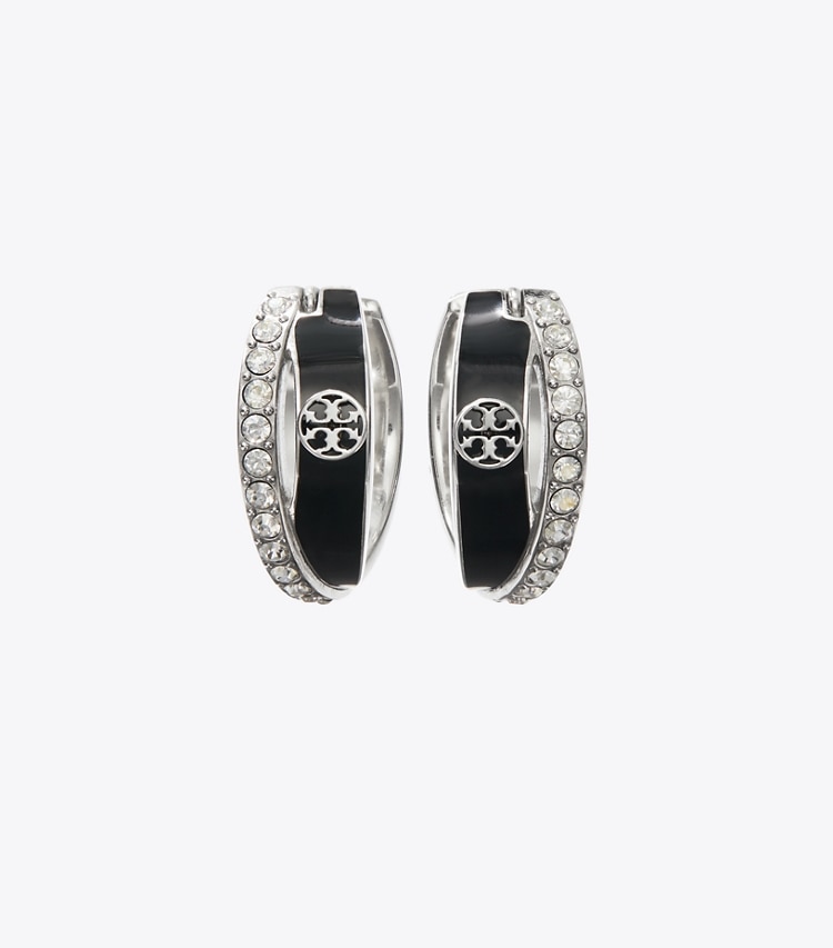 Tory Burch diseñador pendientes Aretes de aro doble Icon con esmalte en Tory Silver / BLACK / Crystal detalle