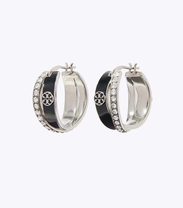 Tory Burch diseñador pendientes Aretes de aro doble Icon con esmalte en Tory Silver / BLACK / Crystal frente
