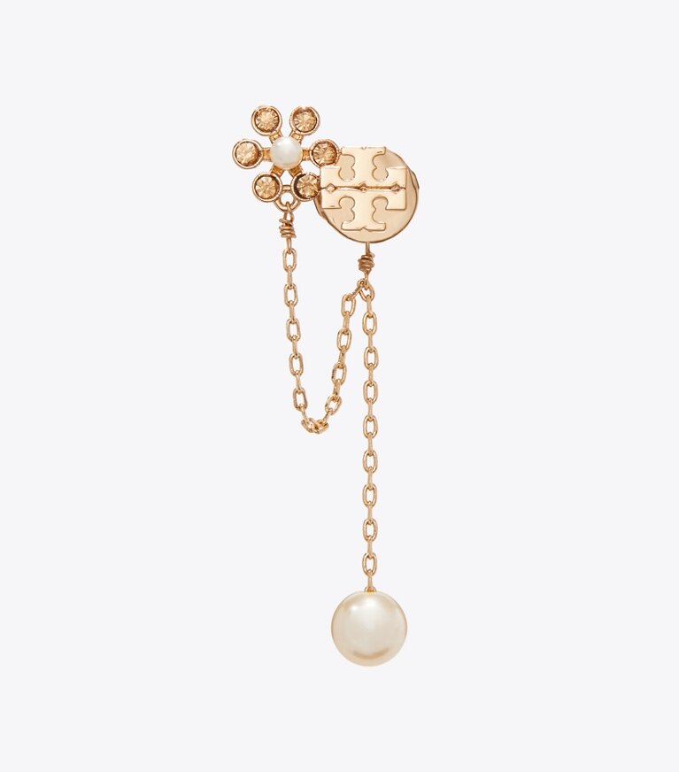 Tory Burch diseñador aretes Aretes de perlas y cadenas Moondance en Tory Gold / Cream detalle