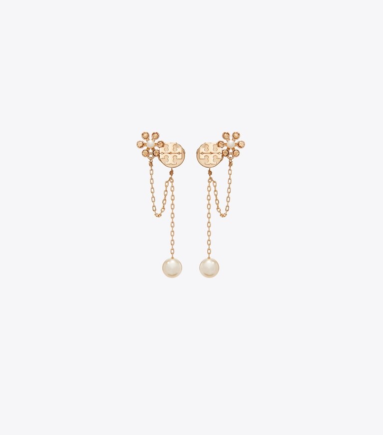 Tory Burch diseñador aretes Aretes de perlas y cadenas Moondance en Tory Gold / Cream frente