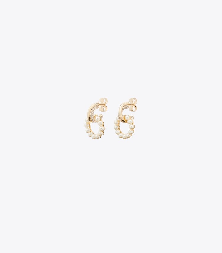 Tory Burch diseñador pendientes Aretes pequeños tipo aldaba de perlas Moondance en Tory Gold / Cream / Crystal detalle