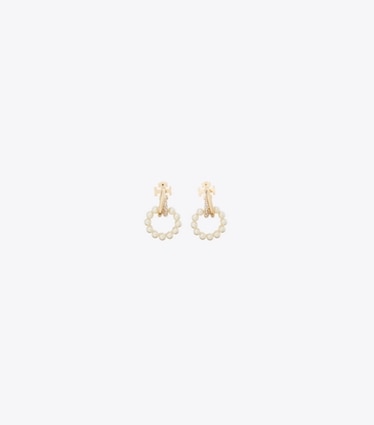 Tory Burch diseñador pendientes Aretes pequeños tipo aldaba de perlas Moondance en Tory Gold / Cream / Crystal frente