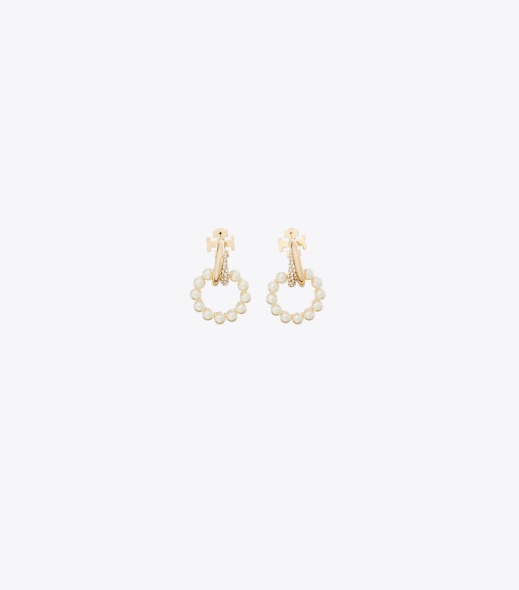 Tory Burch diseñador pendientes Aretes pequeños tipo aldaba de perlas Moondance en Tory Gold / Cream / Crystal frente
