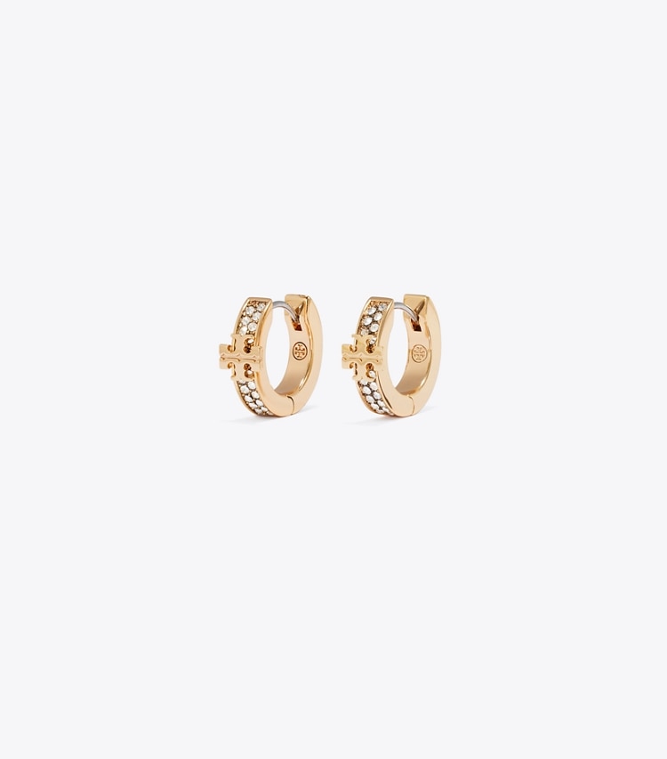 Tory Burch diseñador pendientes Aretes tipo huggie Icon con pavé en Tory Gold / Crystal frente