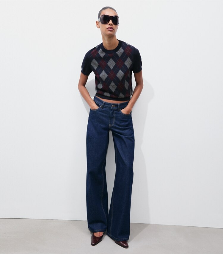 Tory Burch designer strickware Argyle-Pullover aus Merinowolle in Navy Argyle modell von vorn