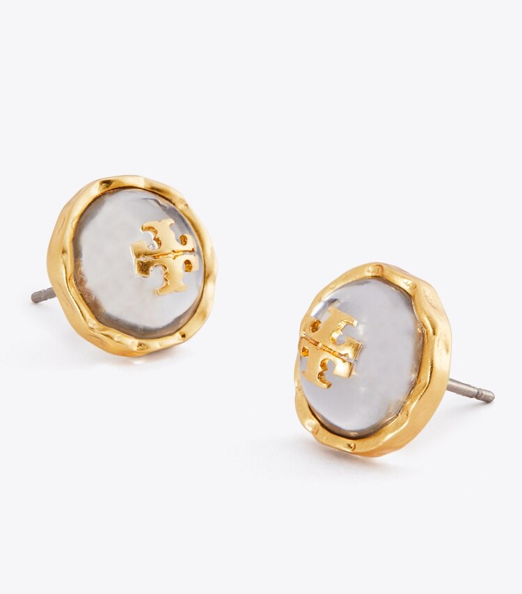 Tory Burch diseñador aretes Aro de botón circular Roxanne en Rolled Brass/Clear detalle