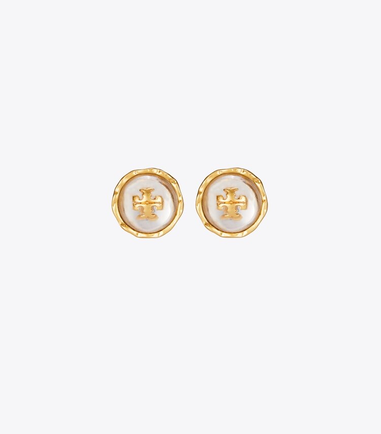 Tory Burch diseñador aretes Aro de botón circular Roxanne en Rolled Brass/Clear frente