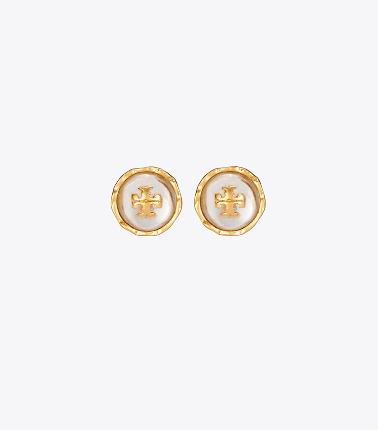 Tory Burch diseñador aretes Aro de botón circular Roxanne en Rolled Brass/Clear frente