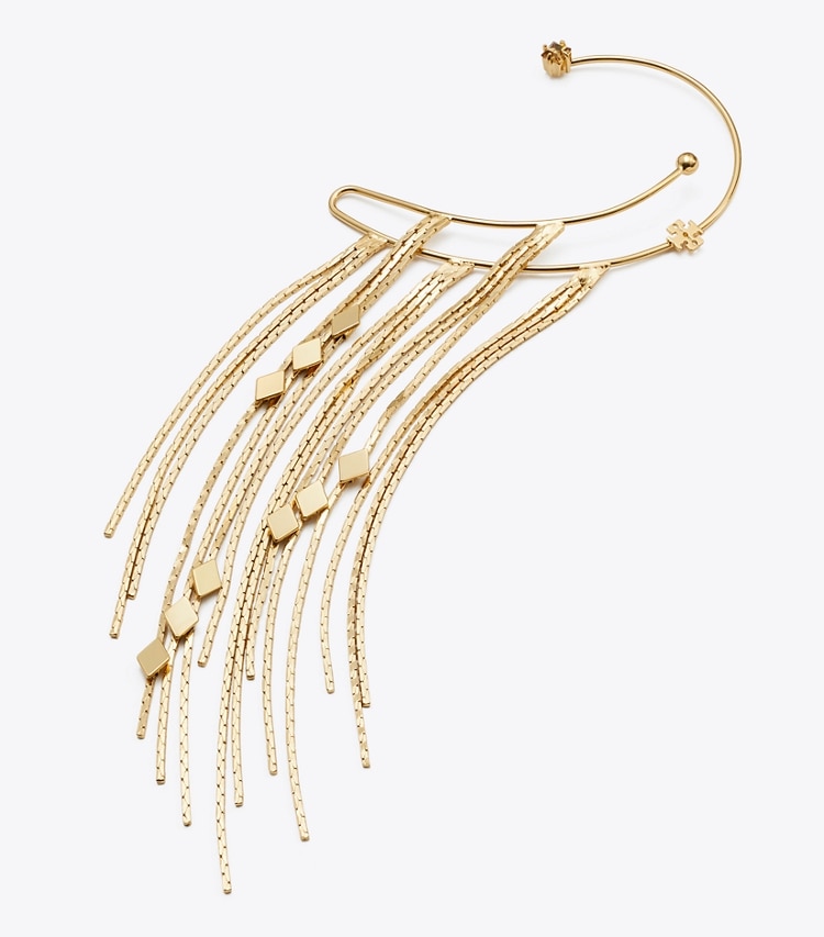 Tory Burch diseñador aretes Aro sin perforación con cadena Runway en Light Brass / Crystal detalle