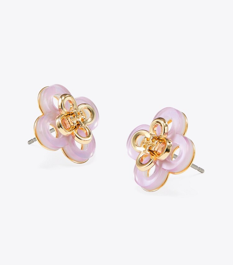 Tory Burch diseñador aretes Aro tipo botón apilado Kira Clover en Tory Gold / Light Pink detalle