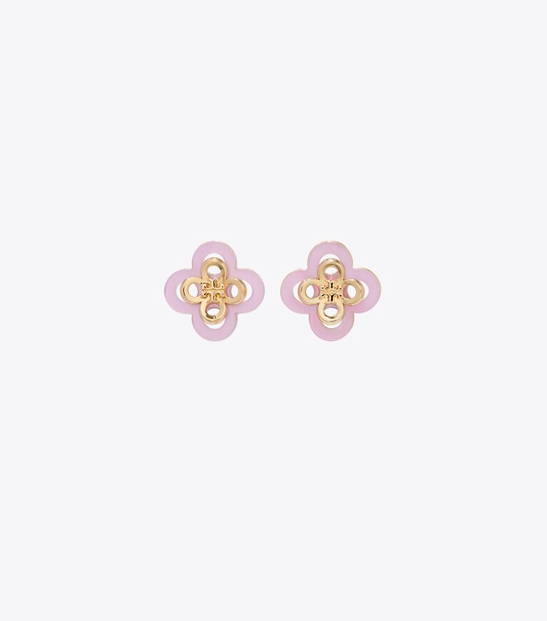 Tory Burch diseñador aretes Aro tipo botón apilado Kira Clover en Tory Gold / Light Pink frente