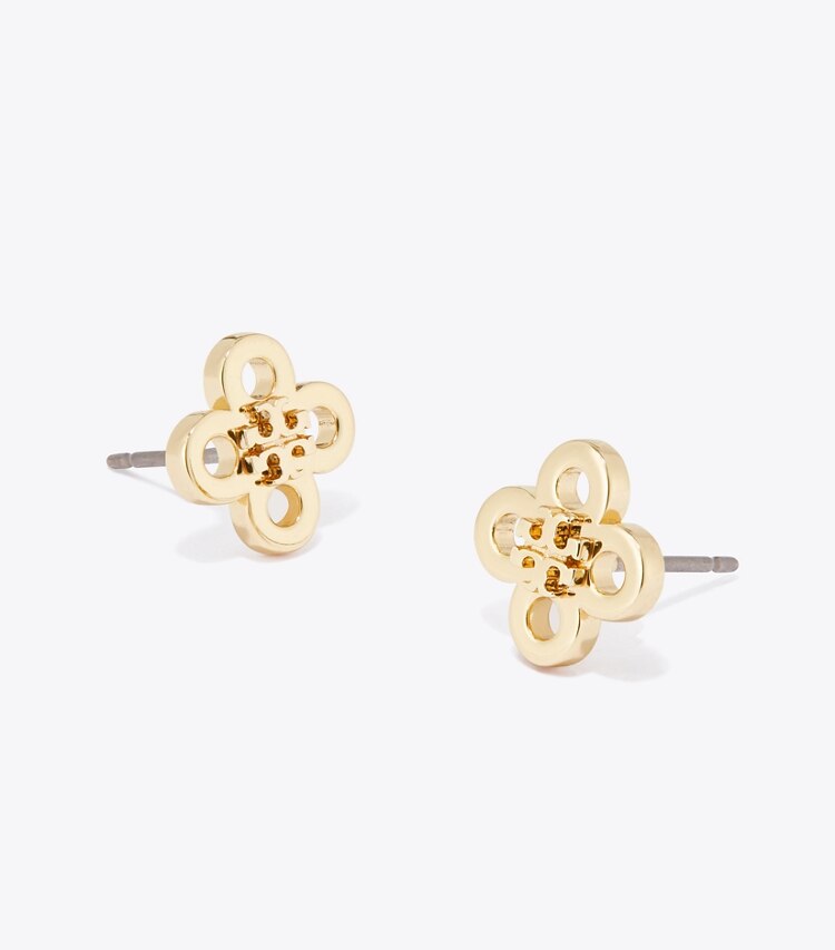 Tory Burch diseñador aretes Aro tipo botón con trébol Forget Me Not en Tory Gold detalle