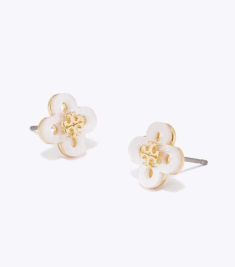 Tory Burch diseñador aretes Aro tipo botón con trébol Forget Me Not en Tory Gold / Mother of Pearl detalle