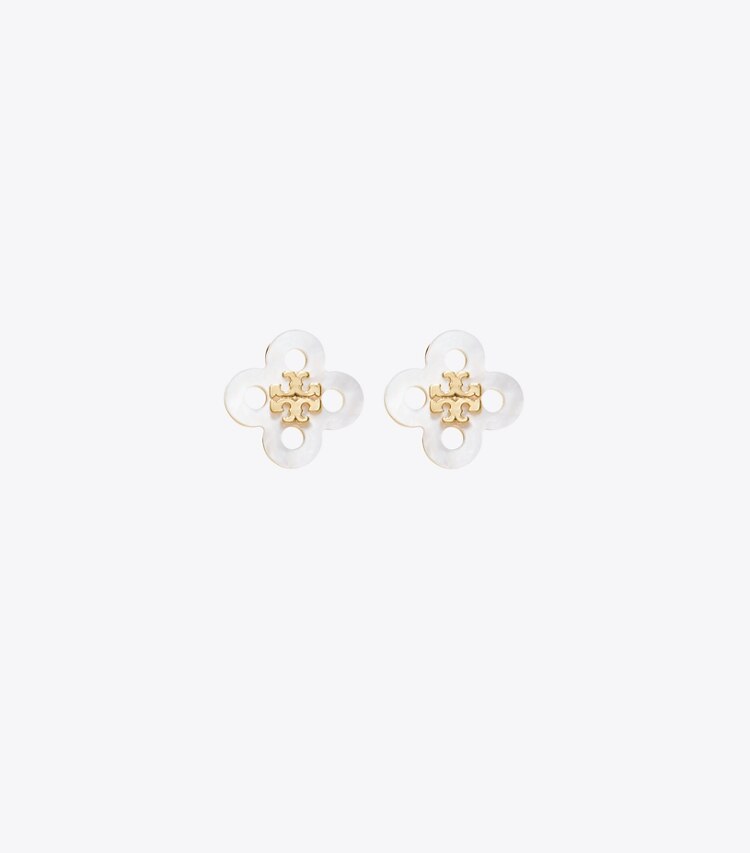 Tory Burch diseñador aretes Aro tipo botón con trébol Forget Me Not en Tory Gold / Mother of Pearl frente