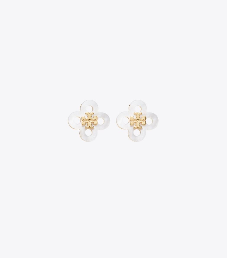 Tory Burch diseñador aretes Aro tipo botón con trébol Forget Me Not en Tory Gold / Mother of Pearl frente