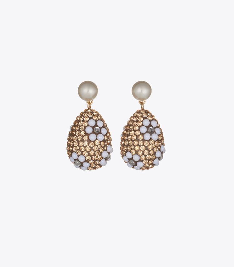Tory Burch diseñador aretes Aros colgantes Curiosity con perla de cristal en Tory Gold / Light Brown frente