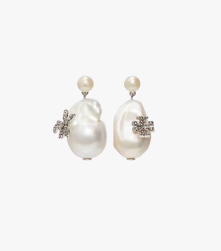 Tory Burch diseñador aretes Aros colgantes Moondance de perlas y flores en Tory Silver / Pearl / Crystal frente