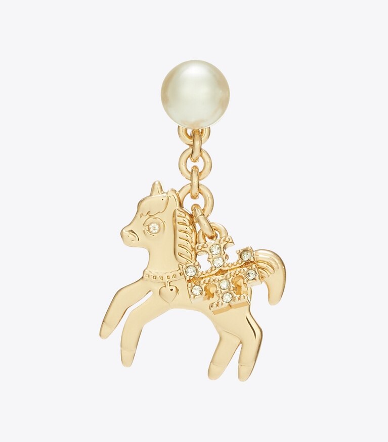 Tory Burch diseñador aretes Aros con dije de caballo Curiosity en Tory Gold / Pearl detalle