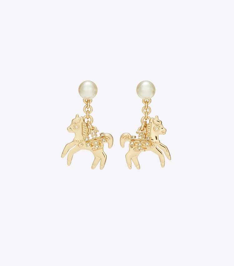 Tory Burch diseñador aretes Aros con dije de caballo Curiosity en Tory Gold / Pearl frente