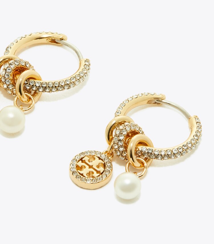 Tory Burch diseñador aretes Aros con dije Icon con pavé en Tory Gold / Crystal / Pearl detalle