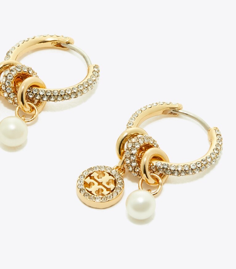 Tory Burch diseñador aretes Aros con dije Icon con pavé en Tory Gold / Crystal / Pearl detalle