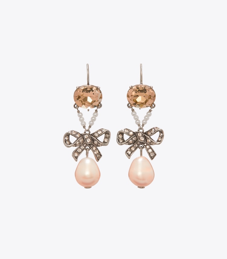 Tory Burch diseñador pendientes Aros Curiosity Ribbon en Antique Silver / Crystal / Pink frente