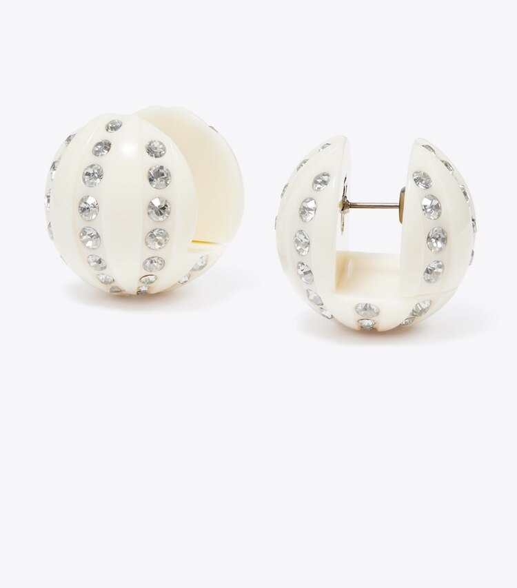 Tory Burch diseñador aretes Aros de bola de discoteca en Antique Pewter / Ivory detalle