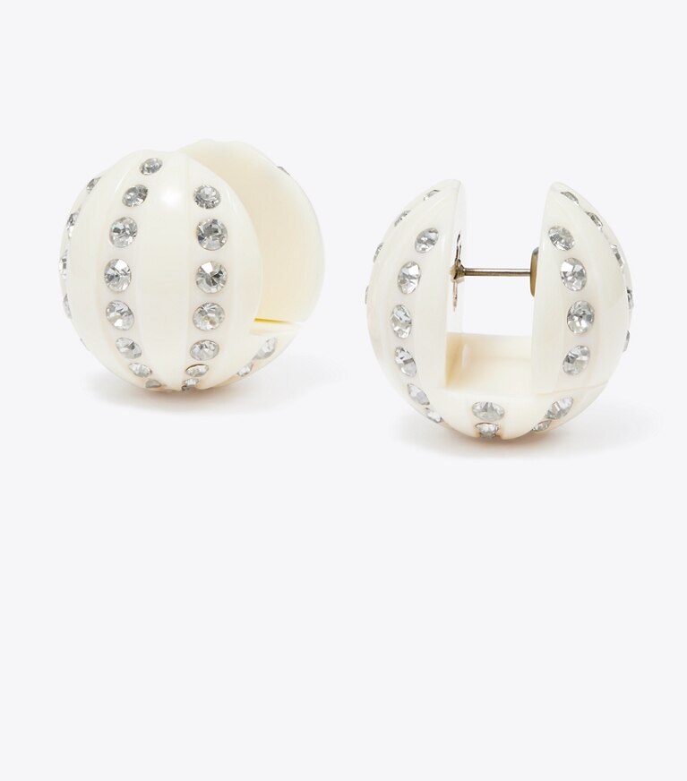 Tory Burch diseñador aretes Aros de bola de discoteca en Antique Pewter / Ivory detalle